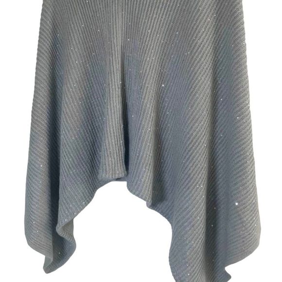 Asymmetrical Cotton Blend Cowl Neck Poncho Womens Gray Hem Ribbed Sequin Grey - Picture 5 of 6